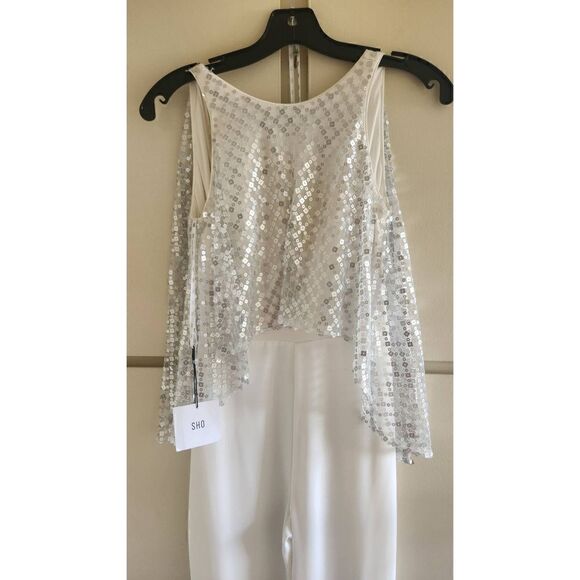 Sho(Tadashi Shoji) Ashley Backless Jumpsuit,  Ivory Crepe with Mate Silver Sequi - Picture 4 of 9